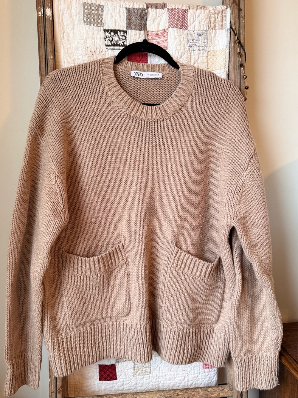 Zara Men’s Tan Crewneck Sweater with Front Pockets